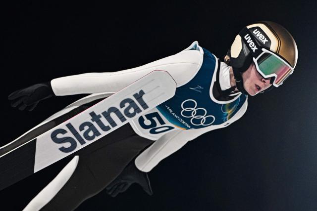 Slovenia's Nika Prevc jumps during the women's ski jumping normal hill individual final round of the Milano Cortina 2026 Winter Olympic Games at Predazzo Ski Jumping Stadium in Predazzo (Val di Fiemme), on February 7, 2026. (Photo by Javier SORIANO / AFP)