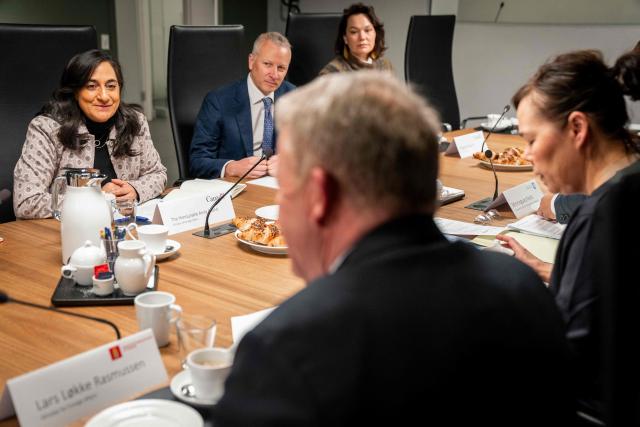Danish Foreign Minister Lars Loekke Rasmussen, Greenland Minister for Foreign Affairs  Vivian Motzfeldt and Canadian Foreign Minister Anita Anand hold a meeting in in Nuuk, Greenland, on February 7, 2026. Canada, which opposes US President Donald Trump's claim to Greenland, opened a consulate in the Danish autonomous territory's capital on February 6, in a show of support for the local government. (Photo by Ida Marie Odgaard / Ritzau Scanpix / AFP) / Denmark OUT