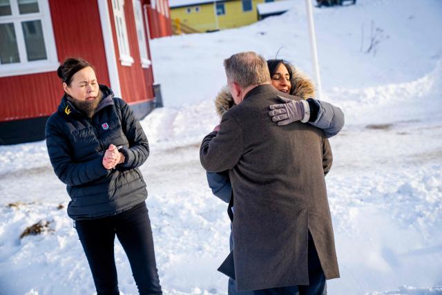 Danish Foreign Minister Lars Loekke Rasmussen, Greenland Minister for Foreign Affairs  Vivian Motzfeldt, and Canadian Foreign Minister Anita Anand meet in front of the newly opened Canadian consulate in Nuuk, Greenland, on February 7, 2026. Canada, which opposes US President Donald Trump's claim to Greenland, opened a consulate in the Danish autonomous territory's capital on February 6, in a show of support for the local government. (Photo by Ida Marie Odgaard / Ritzau Scanpix / AFP) / Denmark OUT