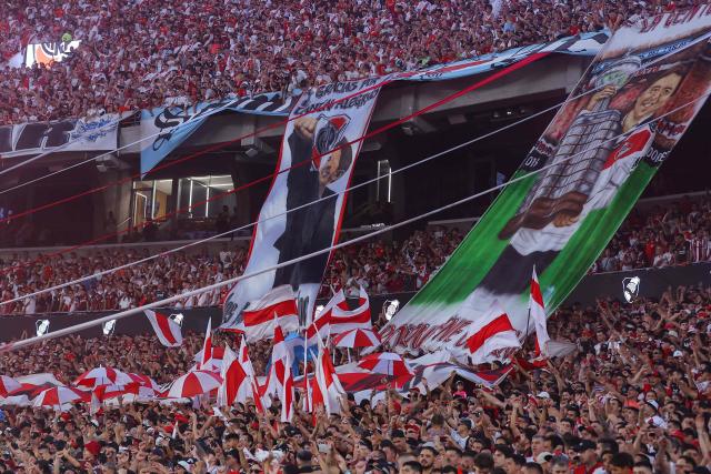 River Plate's fans cheer for their team during the Argentine Professional Football League 2026 Apertura Tournament match between River Plate and Tigre at the Mas Monumental Stadium in Buenos Aires on February 7, 2026. (Photo by Alejandro PAGNI / AFP)