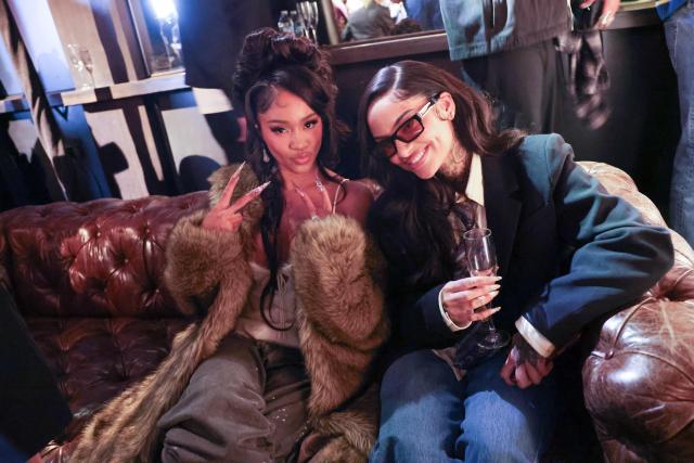 US rapper Saweetie (L) and US singer-songwriter Kehlani (R) attend the Abercrombie and Fitch NFL Super Bowl weekend fashion presentation at the NFL Culture Club at The Pearl in San Francisco, California, on February 7, 2026. (Photo by Patrick T. Fallon / AFP)