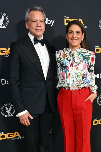 Co-chairs and co-CEOs of Warner Bros. Motion Picture Group  Michael De Luca (L) and Pamela Abdy attend the 78th Annual DGA (Directors Guild of America) awards at the Beverly Hilton hotel in Beverly Hills, California on February 7, 2026. (Photo by Lisa O'CONNOR / AFP)