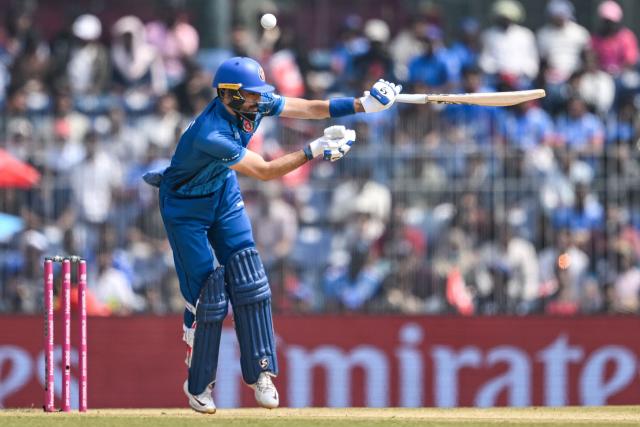 Afghanistan's Ibrahim Zadran reacts while playing a shot during the 2026 ICC Men's T20 Cricket World Cup group stage match between Afghanistan and New Zealand at the MA Chidambaram Stadium in Chennai on February 8, 2026. (Photo by R. Satish BABU / AFP)