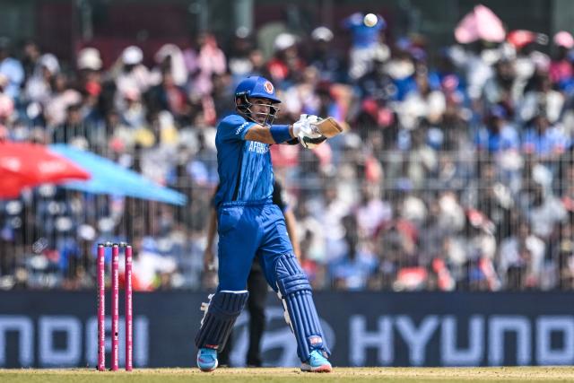 Afghanistan's Rahmanullah Gurbaz plays a shot during the 2026 ICC Men's T20 Cricket World Cup group stage match between Afghanistan and New Zealand at the MA Chidambaram Stadium in Chennai on February 8, 2026. (Photo by R. Satish BABU / AFP)