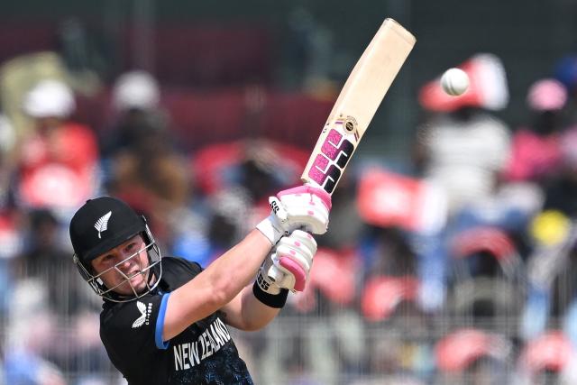 New Zealand's Tim Seifert plays a shot during the 2026 ICC Men's T20 Cricket World Cup group stage match between Afghanistan and New Zealand at the MA Chidambaram Stadium in Chennai on February 8, 2026. (Photo by R. Satish BABU / AFP)