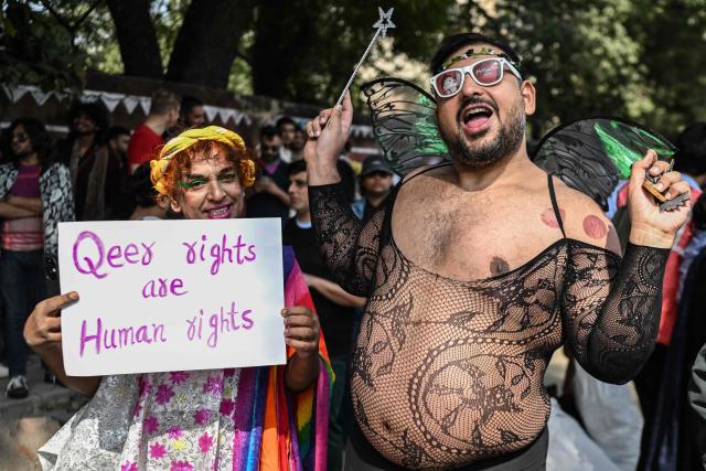 Activists and supporters of the LGBTQ community attends the Delhi Queer Pride parade in New Delhi on February 8, 2026. (Photo by Arun SANKAR / AFP)