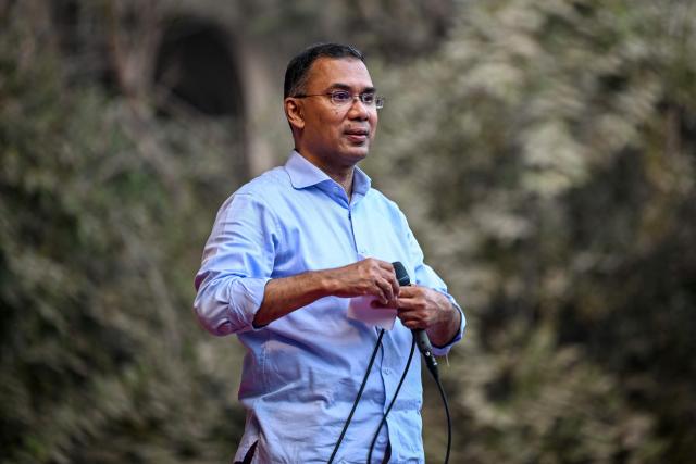 Bangladesh Nationalist Party (BNP) Chairman Tarique Rahman looks on as he addresses an election rally ahead of the country's general election in Dhaka on February 8, 2026. Bangladesh's elections next week could reshape South Asia's balance of power, as Beijing seeks to consolidate influence and ties with India falter, analysts say. (Photo by Sajjad HUSSAIN / AFP)