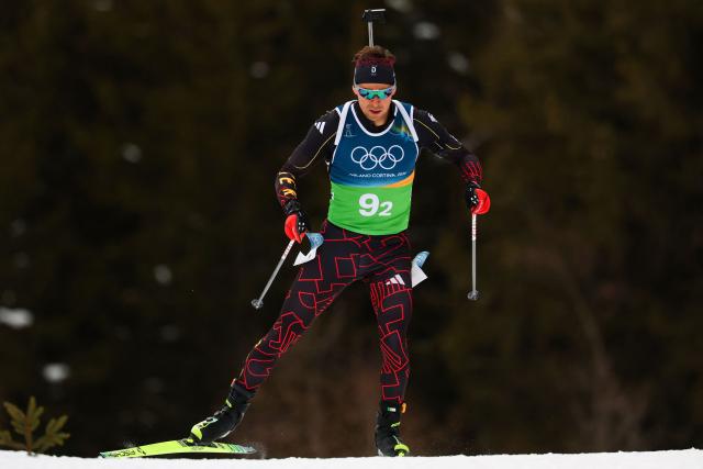 Germany's Philipp Nawrath skis in the mixed biathlon 4 x 6km relay event during the Milano Cortina 2026 Winter Olympic Games at the Anterselva Biathlon Arena (Sudtirol Arena) in Anterselva (Val Pusteria) on February 8, 2026. (Photo by FRANCK FIFE / AFP)