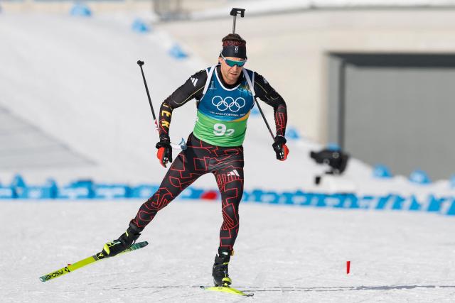 Germany's Philipp Nawrath skis in the mixed biathlon 4 x 6km relay event during the Milano Cortina 2026 Winter Olympic Games at the Anterselva Biathlon Arena (Sudtirol Arena) in Anterselva (Val Pusteria) on February 8, 2026. (Photo by Odd ANDERSEN / AFP)