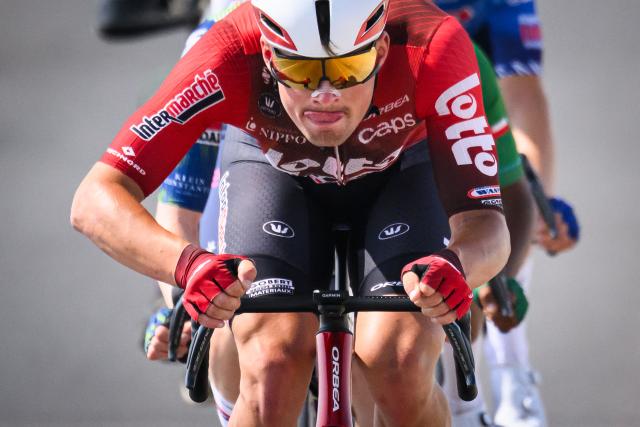 Lotto Intermarche's French rider Baptiste Veistroffer rides to win the 2nd stage of the Tour of Oman cycling race from Al Rustaq Fort to Yitti Hills on February 8, 2026. (Photo by Loic VENANCE / AFP)