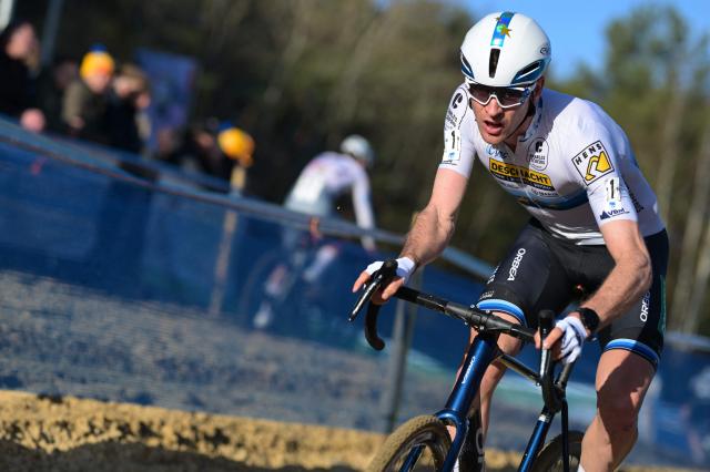 Belgian Toon Aerts competes in the men's elite race of the Krawatencross cyclocross in Lille, the seventh stage (out of 8) in the X2O Badkamers Trofee competition, on February 8, 2026. (Photo by DAVID PINTENS / Belga / AFP) / Belgium OUT