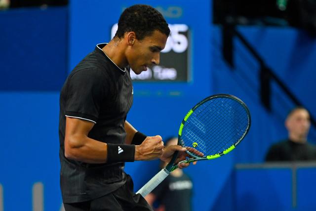 Canada's Felix Auger Aliassime reacts during the ATP World Tour Open Occitanie Men's final tennis match against France's Adrian Mannarino in Montpellier, southern France on February 8, 2026. (Photo by Sylvain THOMAS / AFP)