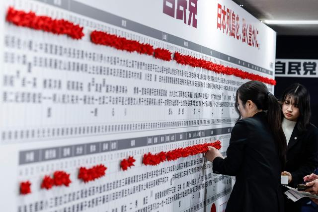Liberal Democratic Party (LDP) staff members place red paper roses on the names of elected candidates on the House of Representatives election day at the LDP headquarters in Tokyo on February 8, 2026. (Photo by Kim Kyung-Hoon / POOL / AFP)