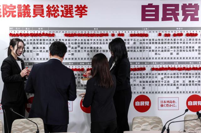 Liberal Democratic Party (LDP) staff members place red paper roses on the names of elected candidates on the House of Representatives election day at the LDP headquarters in Tokyo on February 8, 2026. (Photo by Kim Kyung-Hoon / POOL / AFP)