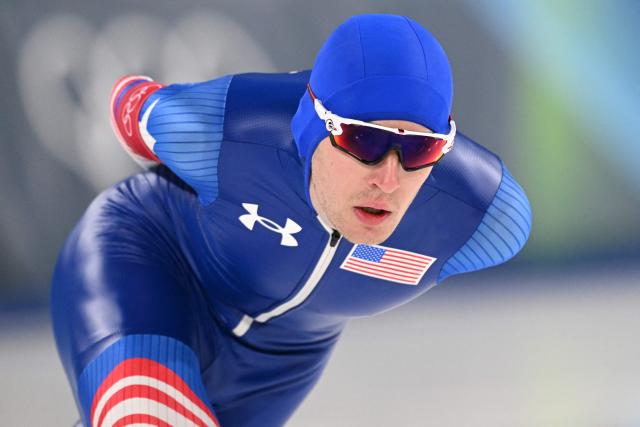 US' Casey Dawson competes in the speed skating men's 5000m during the Milano Cortina 2026 Winter Olympic Games at Milano Speed Skating Stadium in Milan on February 8, 2026. (Photo by Daniel MUNOZ / AFP)