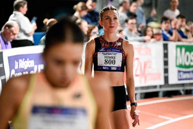 Netherlands' athlete Femke Bol looks on before the women's 800m final during the Athlelor indoor meeting at L'Anneau athletics hall in Metz on February 08, 2026. On October 10, 2025, Femke Bol announced her retirement from the 400-meter hurdles, the event in which she is a two-time world champion. The 25-year-old athlete then announced her intention to focus on the 800 meters. (Photo by Jean-Christophe VERHAEGEN / AFP)