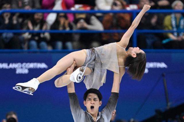 Japan's Riku Miura (above) and Japan's Ryuichi Kihara (below) compete in the figure skating pair free skating team event during the Milano Cortina 2026 Winter Olympic Games at Milano Ice Skating Arena in Milan on February 8, 2026. (Photo by WANG Zhao / AFP)