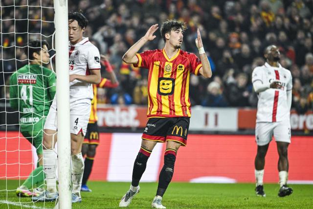 Mechelen's Keano Kiki Vanrafelghem reacts during the Belgian "Pro League" First Division football match between KV Mechelen and Royal Antwerp FC at Achter De Kazerne in Mechelen on February 8, 2026. (Photo by Tom Goyvaerts / BELGA / AFP) / Belgium OUT