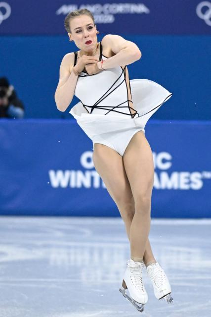 Georgia's Anastasiia Gubanova competes in the figure skating women's singles free skating team event during the Milano Cortina 2026 Winter Olympic Games at Milano Ice Skating Arena in Milan on February 8, 2026. (Photo by WANG Zhao / AFP)