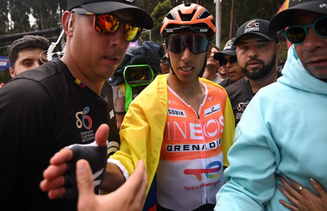 Colombian cyclist Egan Bernal celebrates after crossing the finish line to win the National Road Cycling Championships in Zipaquira, Colombia on February 8, 2026. (Photo by Raul ARBOLEDA / AFP)