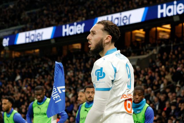 Marseille's Algerian forward #09 Amine Gouiri reacts during the French L1 football match between Paris Saint-Germain (PSG) and Olympique de Marseille (OM) at the Parc des Princes stadium in Paris on February 8, 2026. (Photo by GEOFFROY VAN DER HASSELT / AFP)