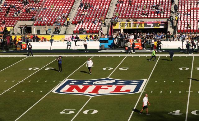 The NFL logo is seen on the field ahead of Super Bowl LX between the New England Patriots and the Seattle Seahawks at Levi's Stadium in Santa Clara, California on February 8, 2026. (Photo by Patrick T. Fallon / AFP)