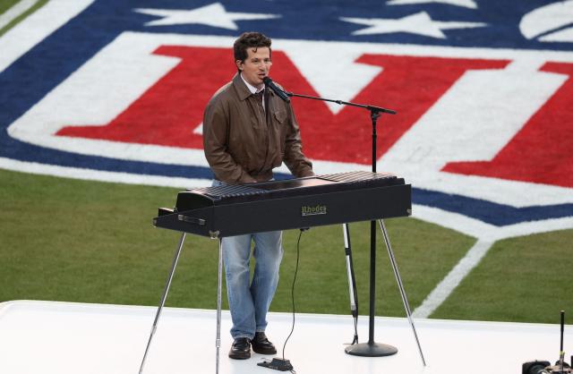 US singer-songwriter Charlie Puth performs the National Anthem ahead of Super Bowl LX between the New England Patriots and Seattle Seahawks at Levi’s Stadium in Santa Clara, California on February 8, 2026. (Photo by Patrick T. Fallon / AFP)