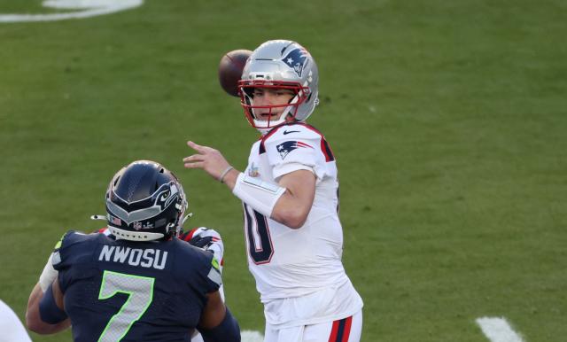 New England Patriots’ quarterback #10 Drake Maye prepares to throw during Super Bowl LX between the New England Patriots and the Seattle Seahawks at Levi's Stadium in Santa Clara, California on February 8, 2026. (Photo by Patrick T. Fallon / AFP)