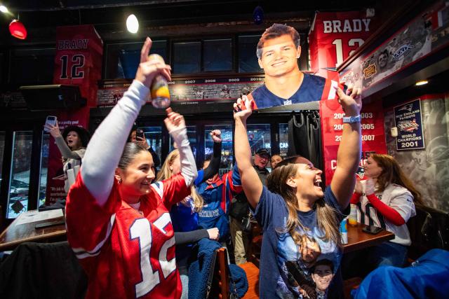 New England Patriots fans react to the opening moments of Super Bowl LX, between the New England Patriots and the Seattle Seahawks in Boston, Massachusetts on February 8, 2026. (Photo by Joseph Prezioso / AFP)