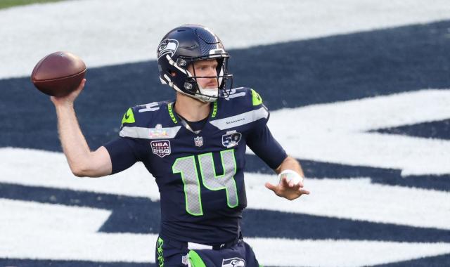 Seattle Seahawks’ quarterback #14 Sam Darnold throws the football during Super Bowl LX between the New England Patriots and the Seattle Seahawks at Levi's Stadium in Santa Clara, California on February 8, 2026. (Photo by Patrick T. Fallon / AFP)
