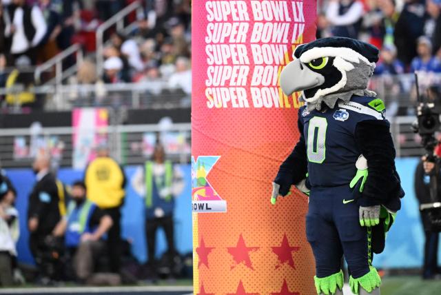 Blitz, the Seattle Seahawks' mascot, watches from the sidelines during Super Bowl LX between the New England Patriots and the Seattle Seahawks at Levi's Stadium in Santa Clara, California on February 8, 2026. (Photo by JOSH EDELSON / AFP)