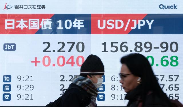 Pedestrians walk past an electronic quotation boards displaying 10-year government bonds (L), an index of long-term interest rates on the Tokyo bond market, and the foreign exchange rate of the Japanese yen (R) against the US dollar in Tokyo, on February 9, 2026. (Photo by Kazuhiro NOGI / AFP)