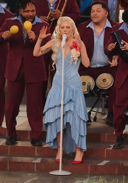 US singer-songwriter Lady Gaga performs during Super Bowl LX Patriots vs Seahawks Apple Music Halftime Show at Levi's Stadium in Santa Clara, California on February 8, 2026. (Photo by Patrick T. Fallon / AFP)
