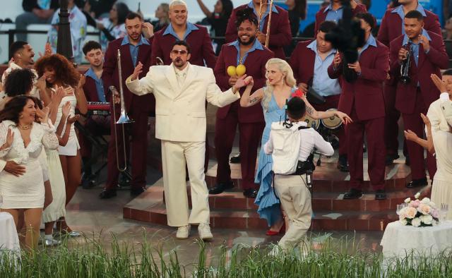 US singer-songwriter Lady Gaga and Puerto Rican singer Bad Bunny perform during Super Bowl LX Patriots vs Seahawks Apple Music Halftime Show at Levi's Stadium in Santa Clara, California on February 8, 2026. (Photo by Patrick T. Fallon / AFP)