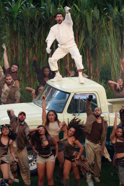 TOPSHOT - Puerto Rican singer Bad Bunny performs during Super Bowl LX Patriots vs Seahawks Apple Music Halftime Show at Levi's Stadium in Santa Clara, California on February 8, 2026. (Photo by Patrick T. Fallon / AFP)