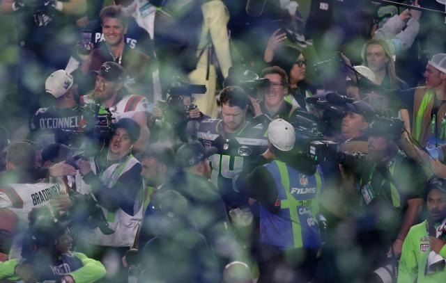 Seattle Seahawks’ quarterback #14 Sam Darnold celebrates his team's victory over the New England Patriots during Super Bowl LX at Levi's Stadium in Santa Clara, California on February 8, 2026. (Photo by Patrick T. Fallon / AFP)