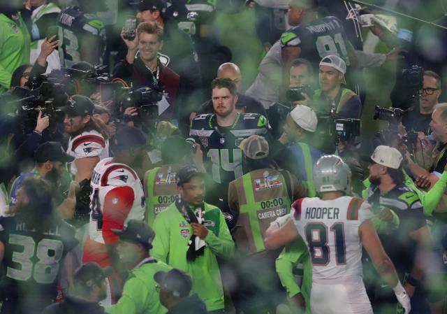 Seattle Seahawks’ quarterback #14 Sam Darnold celebrates his team's victory over the New England Patriots during Super Bowl LX at Levi's Stadium in Santa Clara, California on February 8, 2026. (Photo by Patrick T. Fallon / AFP)