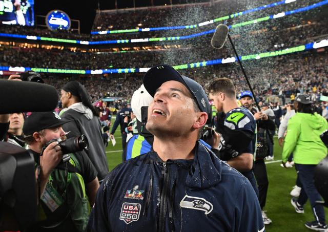 Seattle Seahawks' head coach Mike Macdonald is drenched in gatorade after the Seattle Seahawks defeated the New England Patriots during Super Bowl LX at Levi's Stadium in Santa Clara, California on February 8, 2026. (Photo by JOSH EDELSON / AFP)
