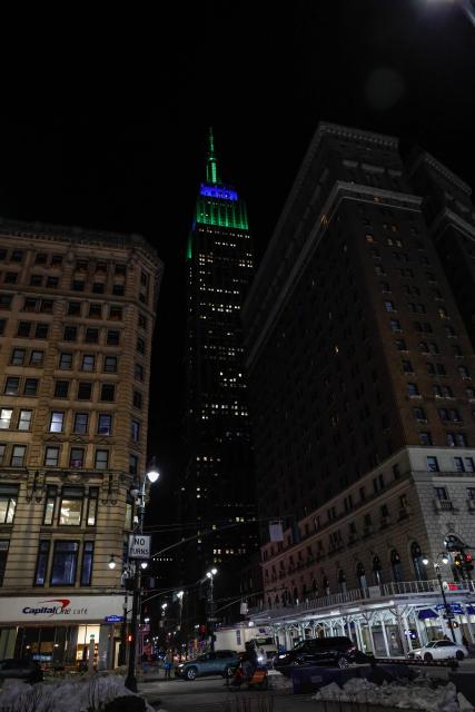 The Empire State Building is lit with the colors of The Seattle Seahawks after they won Super Bowl LX, in New York, on February 8, 2026. (Photo by kena betancur / AFP)