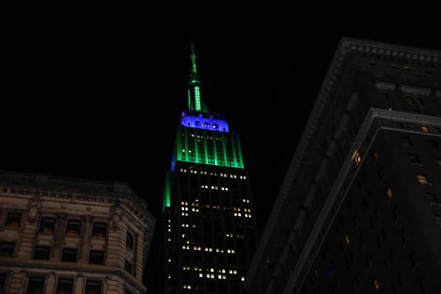 The Empire State Building is lit with the colors of The Seattle Seahawks after they won Super Bowl LX, in New York, on February 8, 2026. (Photo by kena betancur / AFP)