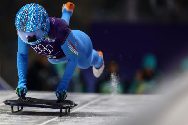 Italy's Valentina Margaglio takes part in the skeleton women's training session at Cortina Sliding Centre during the Milano Cortina 2026 Winter Olympic Games in Cortina d'Ampezzo on February 9, 2026. (Photo by FRANCK FIFE / AFP)
