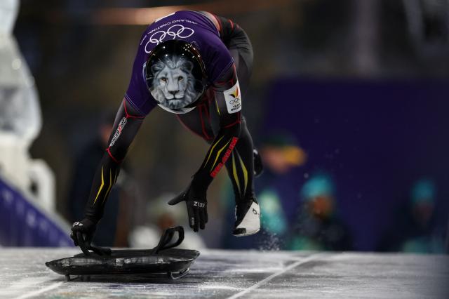 Belgium's Kim Meylemans takes part in the skeleton women's training session at Cortina Sliding Centre during the Milano Cortina 2026 Winter Olympic Games in Cortina d'Ampezzo on February 9, 2026. (Photo by FRANCK FIFE / AFP)