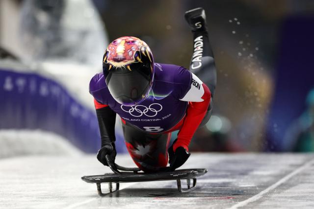 Canada's Jane Channell takes part in the skeleton women's training session at Cortina Sliding Centre during the Milano Cortina 2026 Winter Olympic Games in Cortina d'Ampezzo on February 9, 2026. (Photo by FRANCK FIFE / AFP)