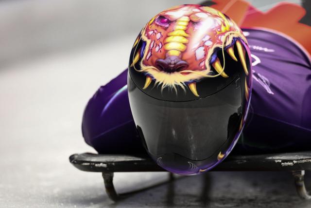 Canada's Jane Channell takes part in the skeleton women's training session at Cortina Sliding Centre during the Milano Cortina 2026 Winter Olympic Games in Cortina d'Ampezzo on February 9, 2026. (Photo by FRANCK FIFE / AFP)