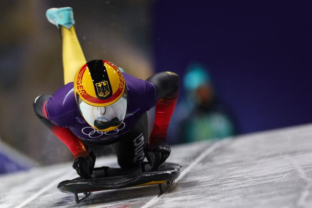 Germany's Jacqueline Pfeifer takes part in the skeleton women's training session at Cortina Sliding Centre during the Milano Cortina 2026 Winter Olympic Games in Cortina d'Ampezzo on February 9, 2026. (Photo by FRANCK FIFE / AFP)