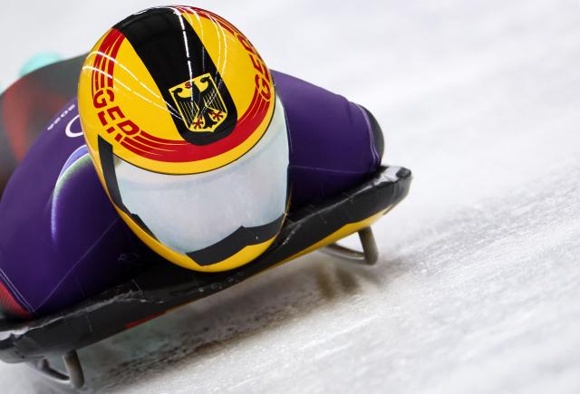 Germany's Jacqueline Pfeifer takes part in the skeleton women's training session at Cortina Sliding Centre during the Milano Cortina 2026 Winter Olympic Games in Cortina d'Ampezzo on February 9, 2026. (Photo by FRANCK FIFE / AFP)