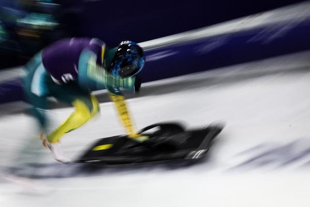 Australia's Nicholas Timmings takes part in the skeleton men's training session at Cortina Sliding Centre during the Milano Cortina 2026 Winter Olympic Games in Cortina d'Ampezzo on February 9, 2026. (Photo by Franck FIFE / AFP)