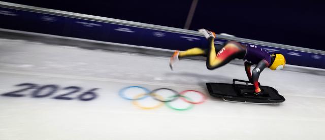 Germany's Felix Keisinger takes part in the skeleton men's training session at Cortina Sliding Centre during the Milano Cortina 2026 Winter Olympic Games in Cortina d'Ampezzo on February 9, 2026. (Photo by Franck FIFE / AFP)