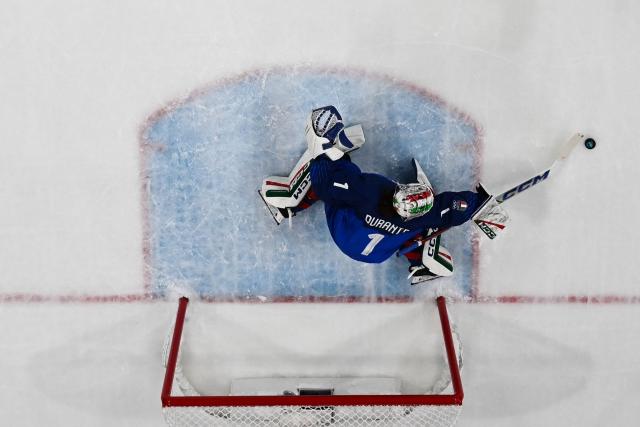 Italy's #01 Gabriella Frances Durante defends the goal during the women's preliminary round Group B Ice Hockey match between Japan and Italy at the Milano Rho Ice Hockey Arena at the Milano Cortina 2026 Winter Olympic Games in Milan, on February 9, 2026. (Photo by Alexander NEMENOV / AFP)