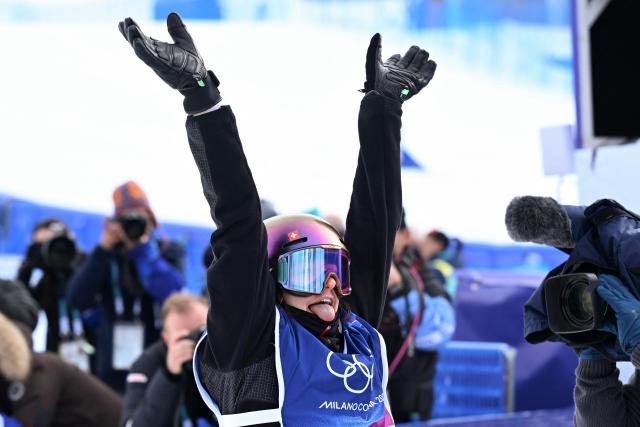 Switzerland's Mathilde Gremaud celebrates after competing in the freestyle skiing women's freeski slopestyle final run 2 during the Milano Cortina 2026 Winter Olympic Games at Livigno Snow Park-Slopestyle, in Livigno (Valtellina), on February 9, 2026. (Photo by Kirill KUDRYAVTSEV / AFP)